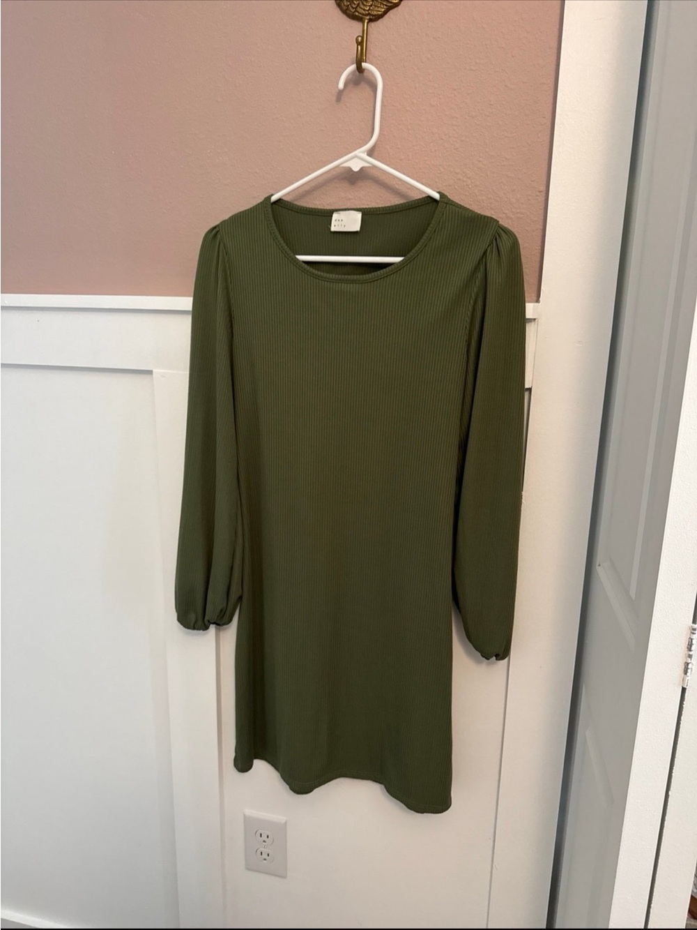 Olive Green Long Sleeve Ribbed Dress - Unbranded